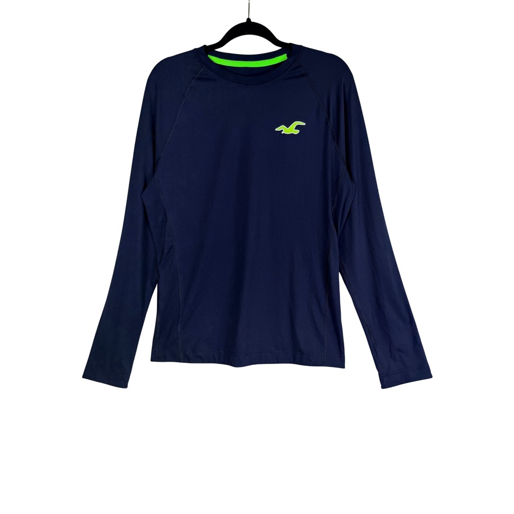 Hollister Mens Navy Blue Neon Green Long Sleeve Performance Shirt Large Raglan